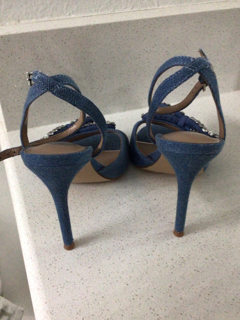GUESS Denim Crystal Bow Slingback Heels - Picture 4 of 6